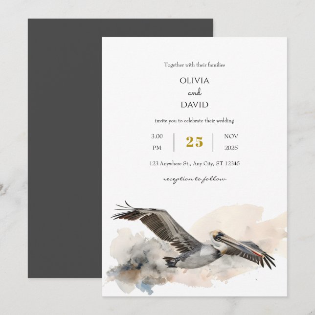 Invitación Boda Rustica Costera Pelican Watercolor Beach (Anverso / Reverso)