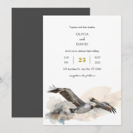 Invitación Boda Rustica Costera Pelican Watercolor Beach