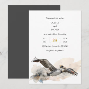 Invitación Boda Rustica Costera Pelican Watercolor Beach
