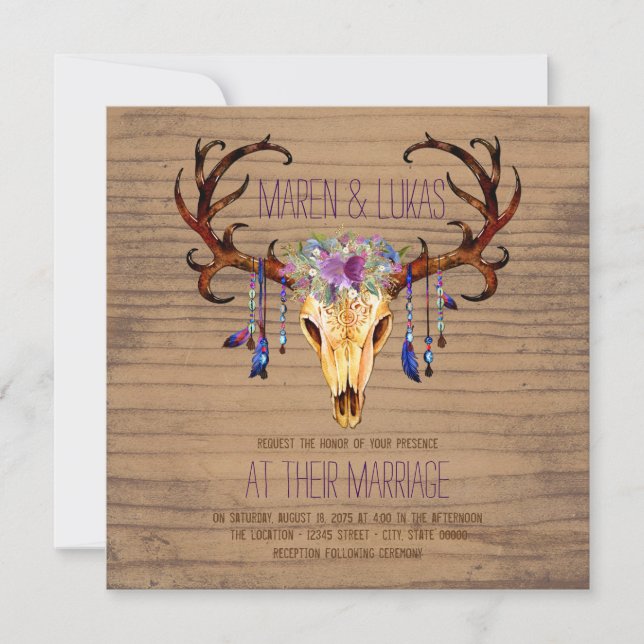 Invitación Boda rústica de acuarela con asta de venado (Anverso)
