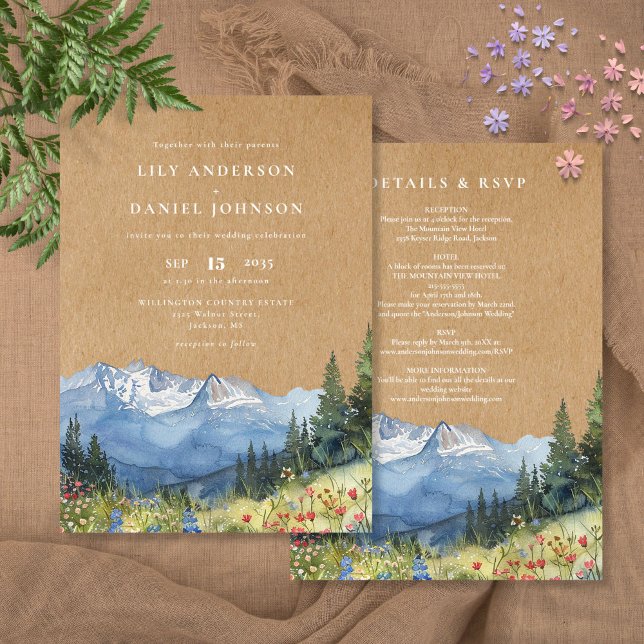 Invitación Boda Rústica de Acuarela de Flores Silvestres de M (Rustic Watercolor Mountain Wildflower Wedding Invitation)