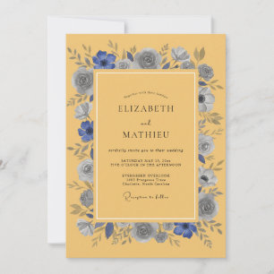 Invitación Boda Rústica de Anémonas Azules y Mostaza