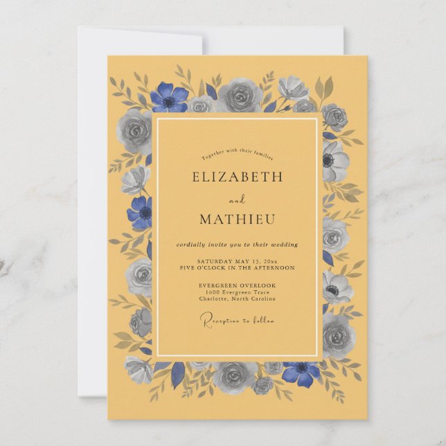 Invitación Boda Rústica de Anémonas Azules y Mostaza (Anverso)
