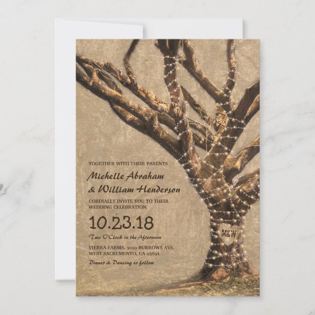 Invitación Boda Rústica de Árbol con Luces de Cadena (Anverso)