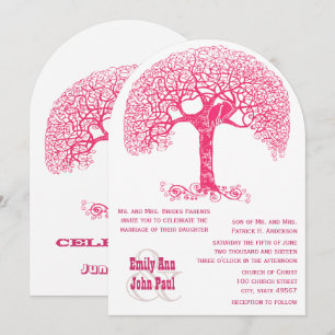 Invitación Boda rústica de árbol con remolino rosa y pájaros