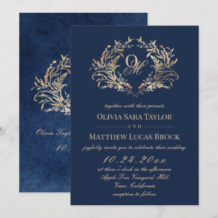 Invitación Boda Rústica de Azul Marino Botánico en Terciopelo