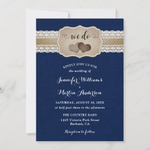 Invitación Boda Rústica de Azul Marino con Encaje y Arpillera