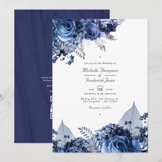 Invitación Boda rústica de azul marino y blanco con código QR (Anverso / Reverso)