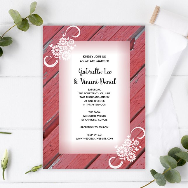 Invitación Boda Rustica de Barno Rojo Madera Flores Blancas B (Subido por el creador)