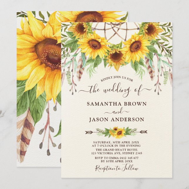 Invitación Boda rústica de Boho Dreamctacher de los girasoles (Anverso / Reverso)