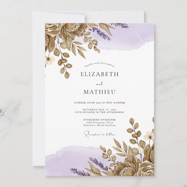 Invitación Boda Rústica de Bronce Lavanda (Anverso)