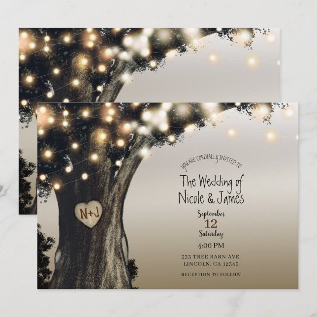 Invitación Boda rústica de campo con árbol y luces en un mode (Anverso / Reverso)