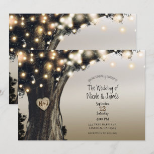 Invitación Boda rústica de campo con árbol y luces en un mode