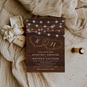 Invitación Boda Rústica de Campo con Corazón de Madera Tallad