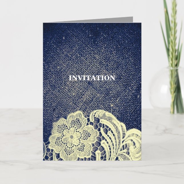 Invitación boda rústica de campo con encaje y azul marino (Anverso)