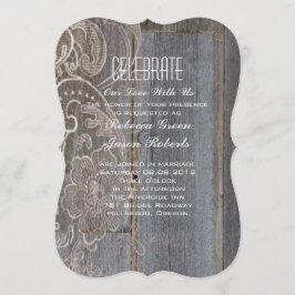 Invitación boda rústica de campo con encaje y madera de grane