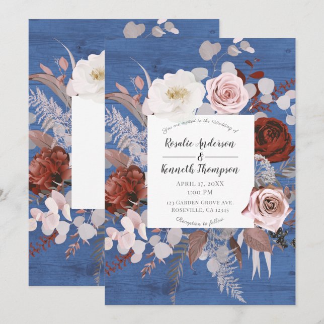 Invitación Boda Rústica de Campo con Flor de Azulejo de Mader (Anverso / Reverso)