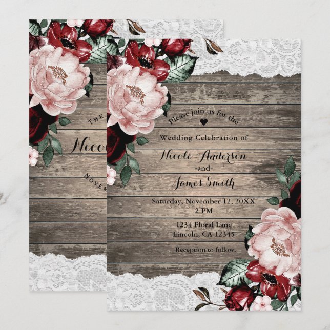 Invitación Boda Rústica de Campo con Flores Glam y Encaje de  (Anverso / Reverso)