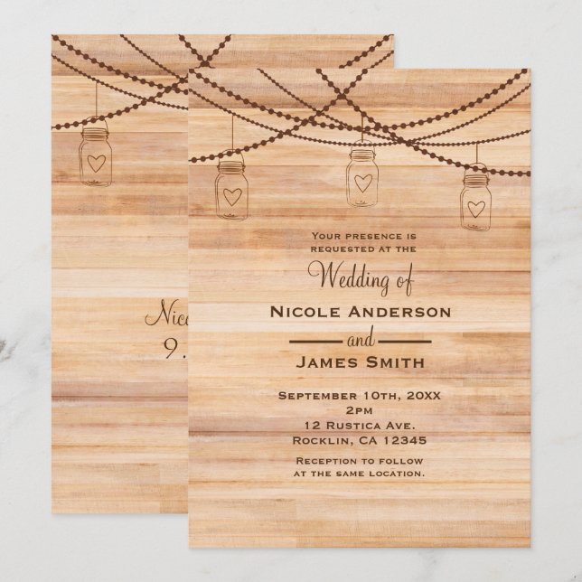 Invitación Boda rústica de campo con madera y frascos de alba (Anverso / Reverso)