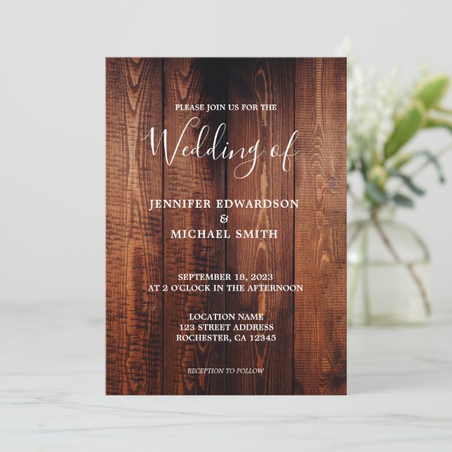 Invitación Boda rústica de campo de escritura de madera para  (Anverso de pie)