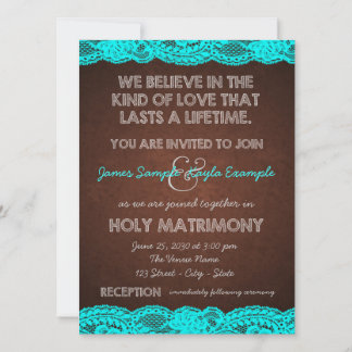 Invitación Boda rústica de campo en azul teal y marrón