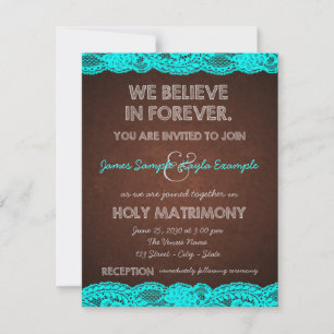 Invitación Boda rústica de campo en azul teal y marrón