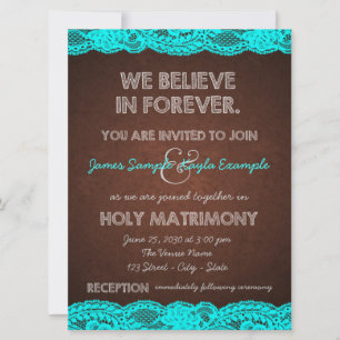 Invitación Boda rústica de campo en azul teal y marrón