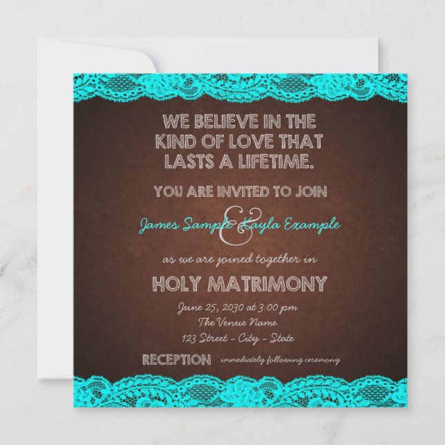 Invitación Boda Rústica de Campo en Azul Teal y Marrón (Anverso)