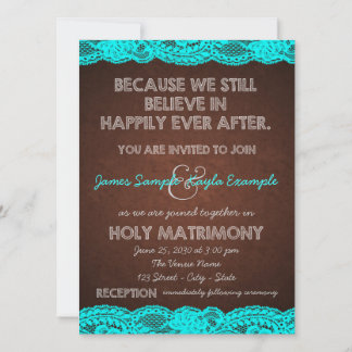 Invitación Boda rústica de campo en azul teal y marrón