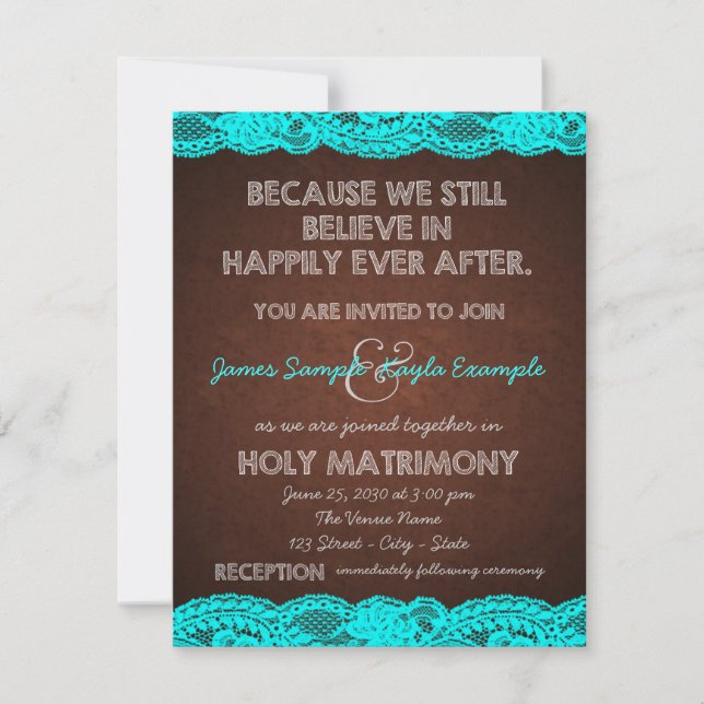 Invitación Boda rústica de campo en azul teal y marrón (Anverso)