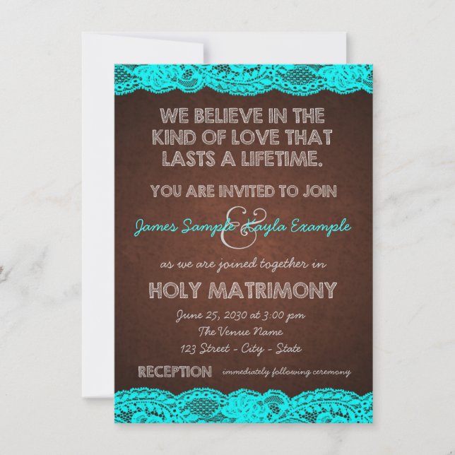 Invitación Boda rústica de campo en azul teal y marrón (Anverso)