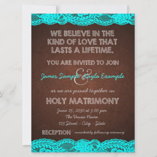 Invitación Boda rústica de campo en azul teal y marrón