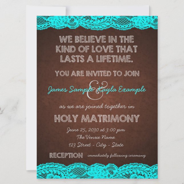 Invitación Boda rústica de campo en azul teal y marrón (Anverso)
