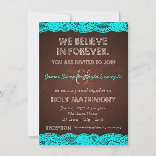 Invitación Boda rústica de campo en azul teal y marrón (Anverso)