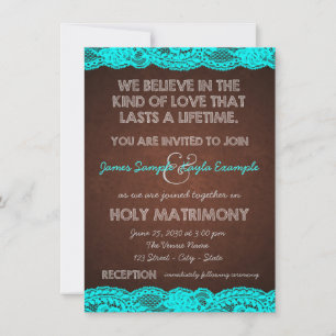 Invitación Boda rústica de campo en azul turquesa y marrón