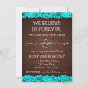 Invitación Boda rústica de campo en azul turquesa y marrón