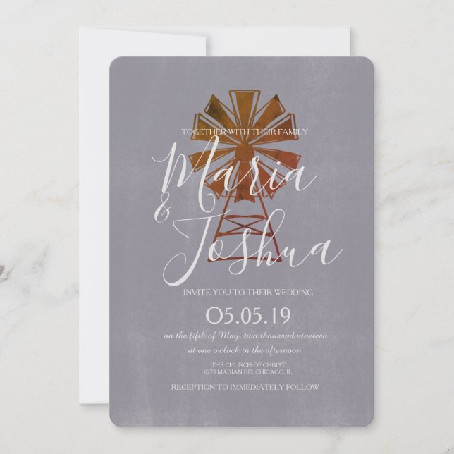 Invitación Boda Rústica de Casa de Campo Molino de Piedra (Anverso)