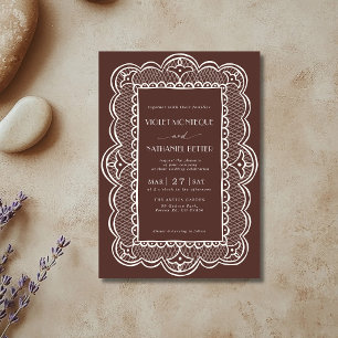 Invitación Boda rústica de chocolate y encaje blanco con dine