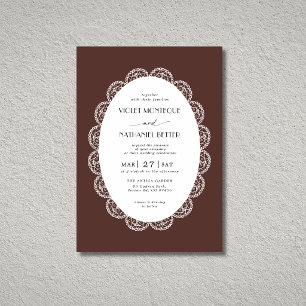 Invitación Boda rústica de chocolate y encaje blanco con dine