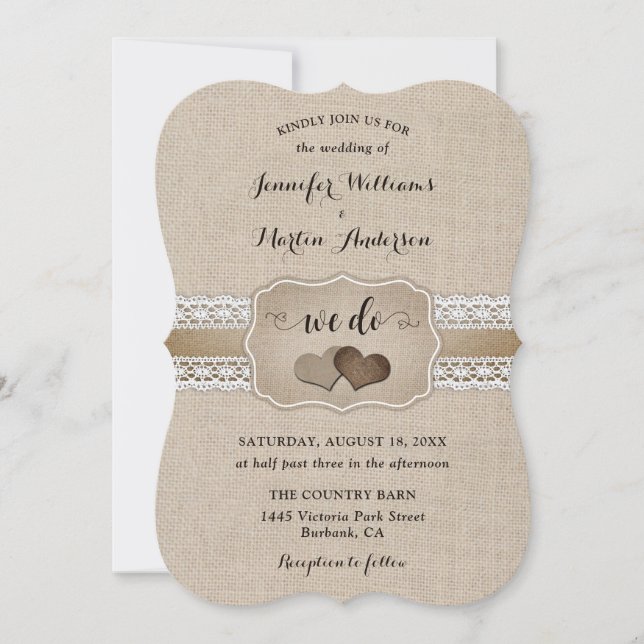 Invitación Boda Rústica de Corazones de Arpillera y Encaje (Anverso)