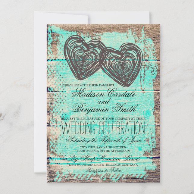 Invitación Boda Rustica de Dos Corazones Barn Wood Aqua Invit (Anverso)
