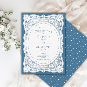 Invitación Boda rústica de encaje blanco vintage azul