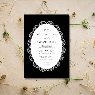 Invitación Boda Rústica de Encaje Blanco y Negro Old Money