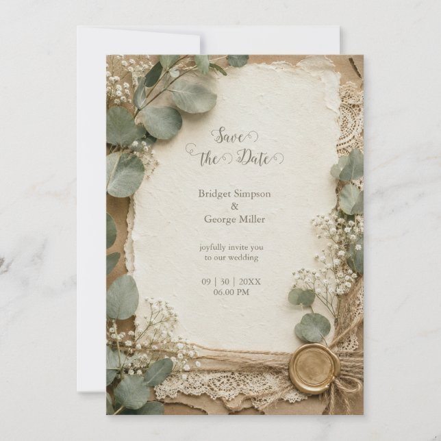 Invitación Boda Rústica de Encaje con Sello de Cera de Eucali (Anverso)