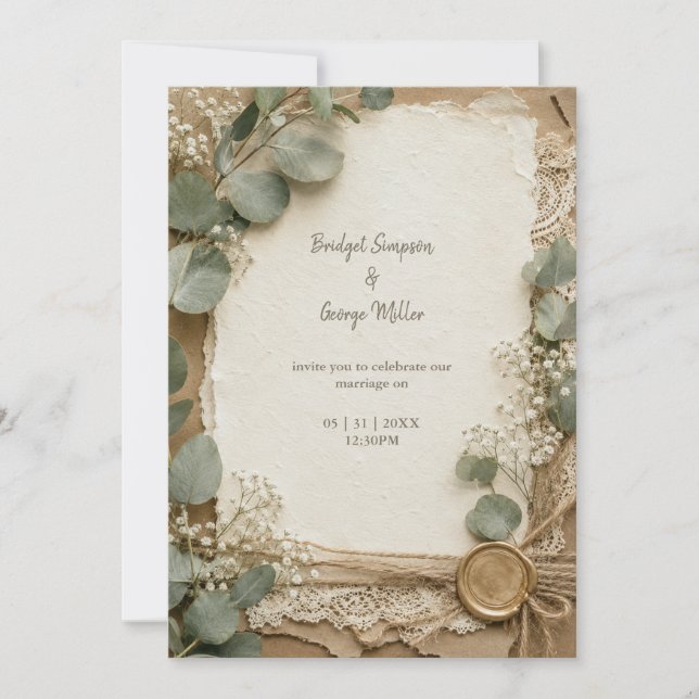 Invitación Boda Rústica de Encaje con Sello de Cera de Eucali (Anverso)