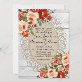 Invitación Boda rústica de encaje de madera blanca flores roj