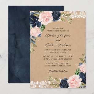 Invitación Boda Rústica de Encaje Floral Rosa Azul Marino