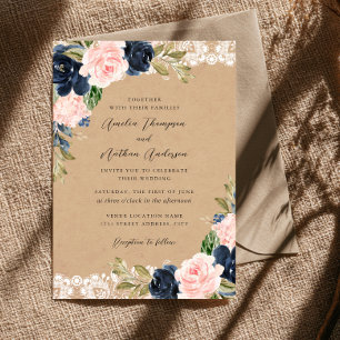 Invitación Boda Rústica de Encaje Floral Rosa Azul Marino