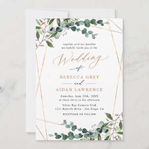 Invitación Boda Rústica de Eucalipto Verde Dorado Todo en Uno