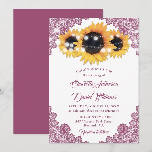 Invitación Boda Rústica de Flor de Lace de Girasol Rosa (Anverso / Reverso)